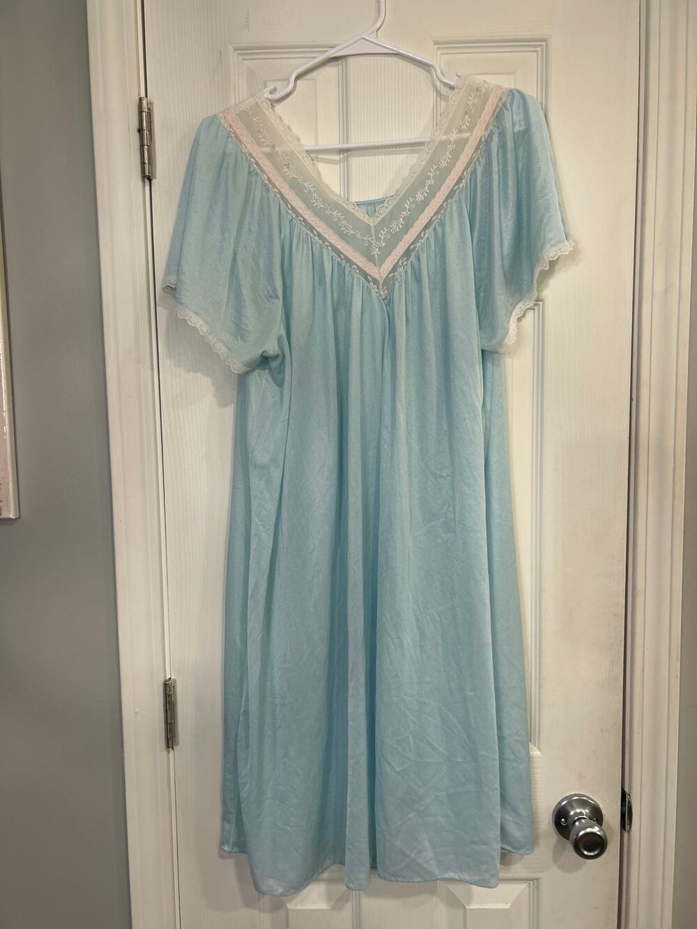VTG 80s Carriage Court Sears Blue Nylon Lace Nightgown One Size